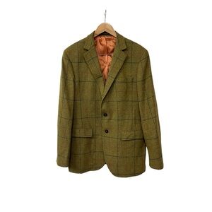 GANT Wool Tweed Green Windowpane Blazer Herringbone Elbow Patch Jacket 52 44